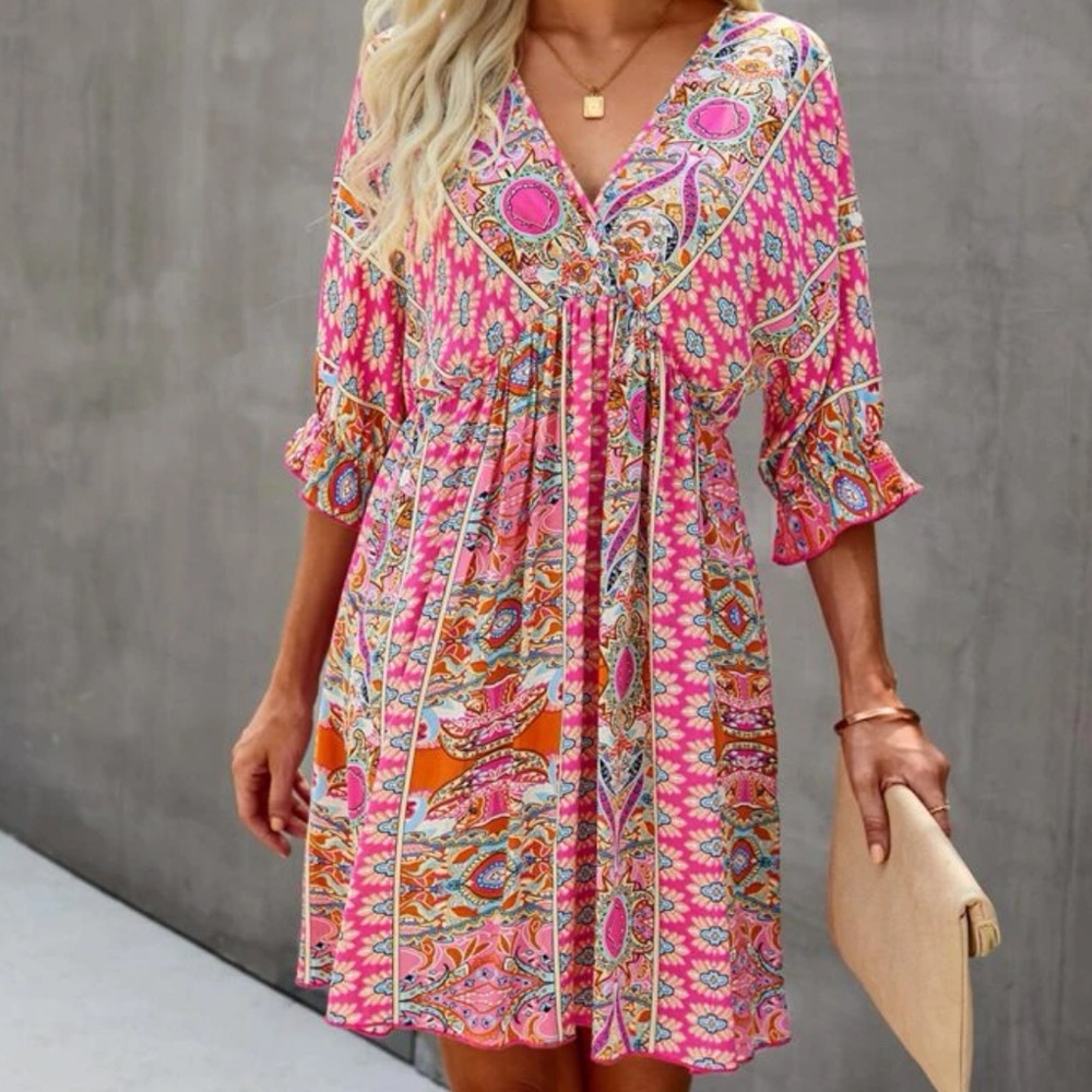 All Over Print Wrap Neck Tie Back Dress